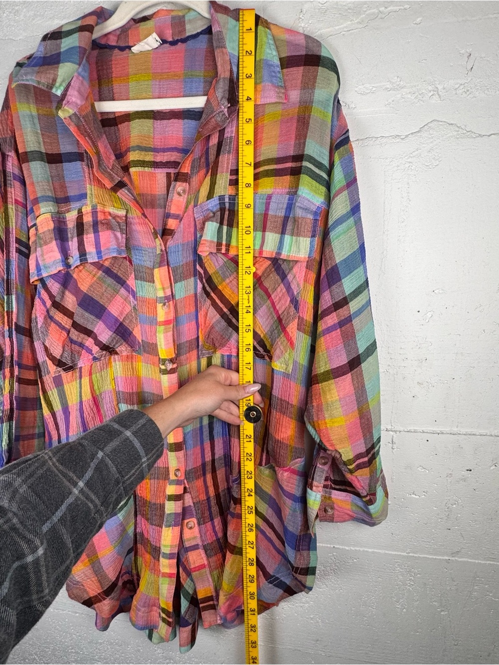 Pilcro Long-Sleeve Mixed Madras Plaid Oversized Buttondown Shirt Medium - Picture 5 of 12